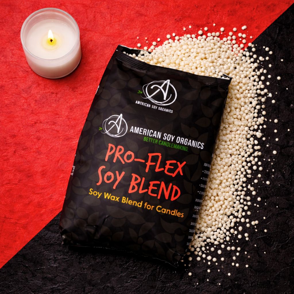 American Soy Organics Pro-Flex Soy Blend wax with a candle on a red and black background